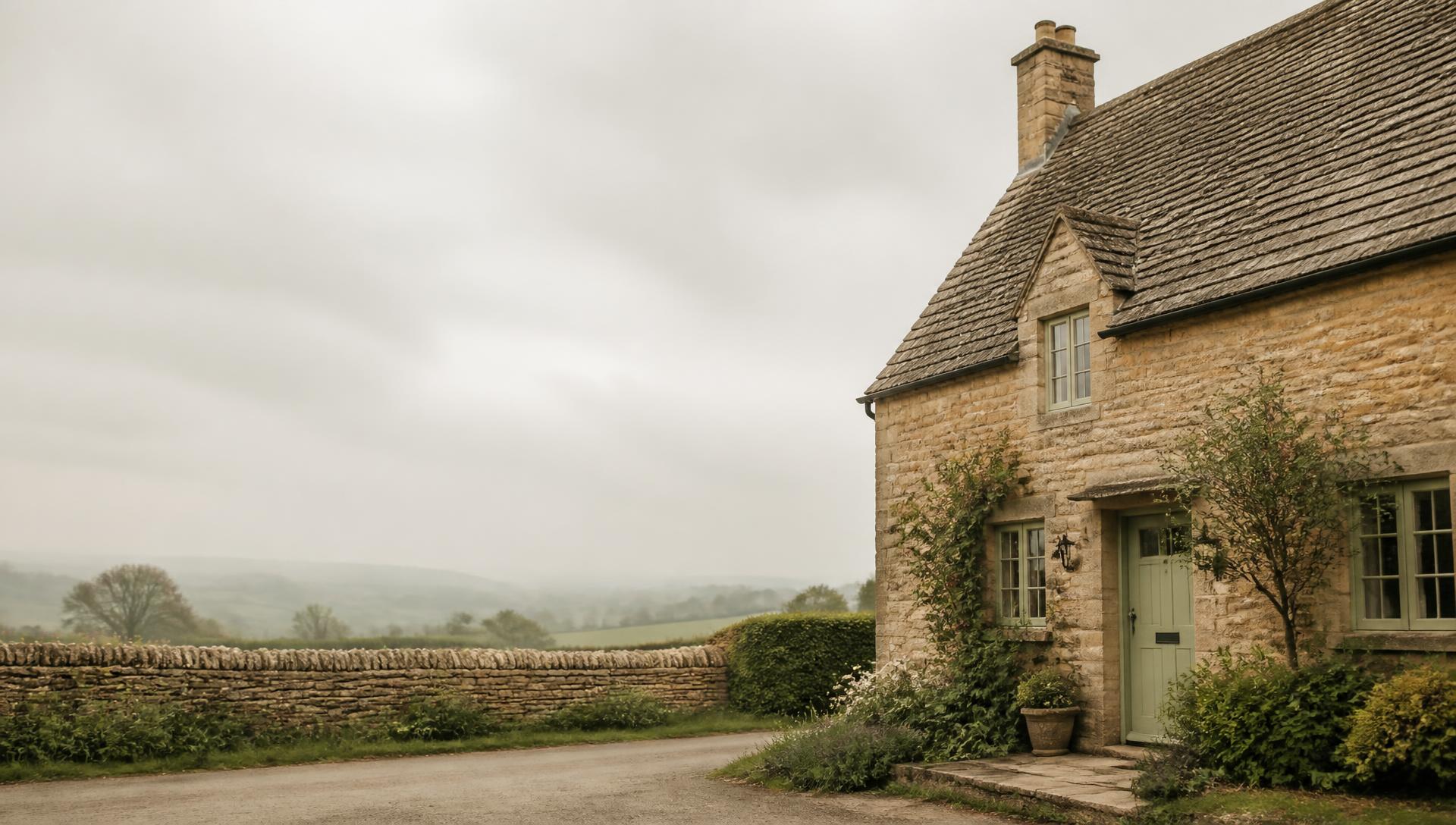 Traditional Cotswold stone cottage with lime-pointed walls and a dry-stone boundary wall